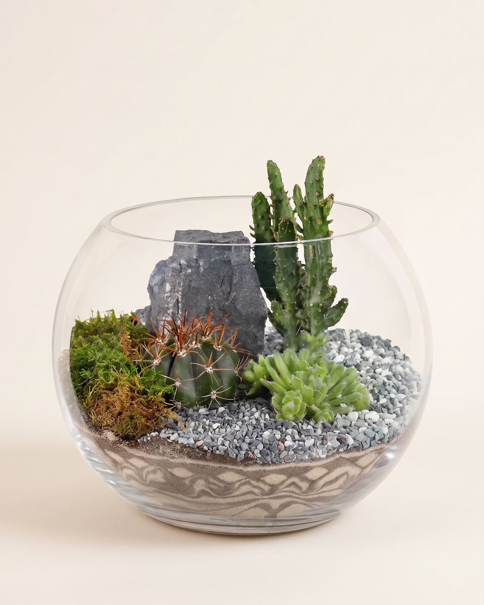 Terrarium Mixed Rock Glass Bowl تيراريوم نباتات مشكلة وصخر