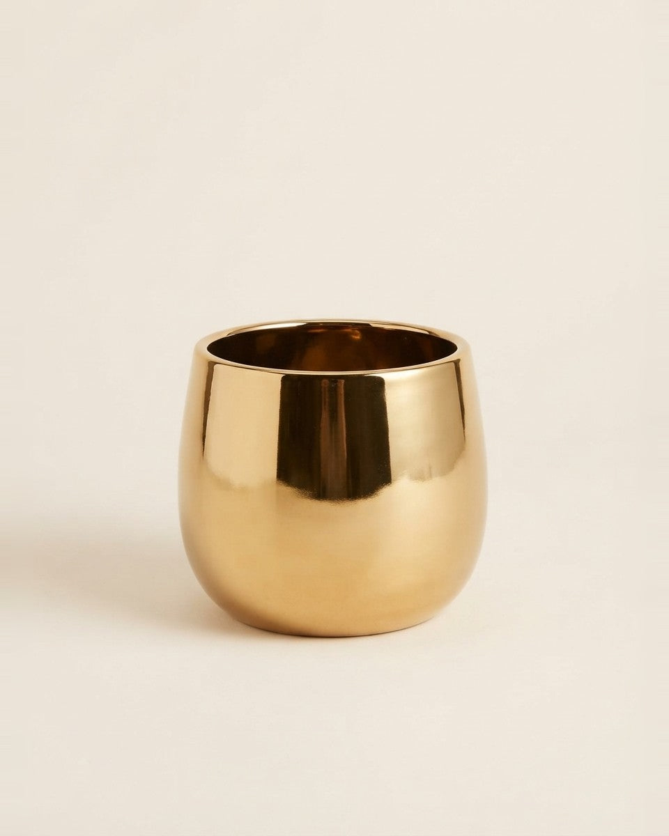 Round Glossy Gold Ceramic Pot - Planter حوض نباتات