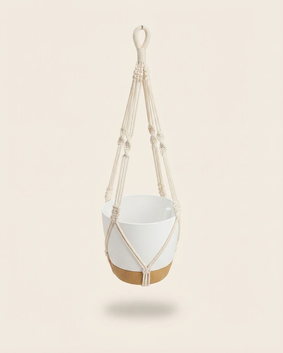 Self-watering pot with macrame hanger أصيص ري ذاتي معلق