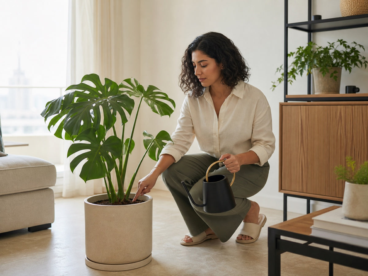 Watering a houseplant evenly after checking the root zone