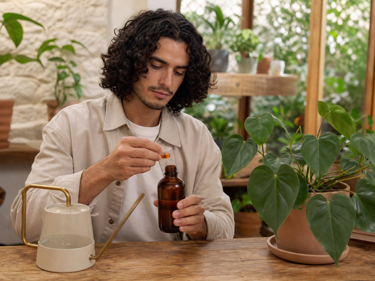 Young man measuring a small dose of liquid plant nutrient
