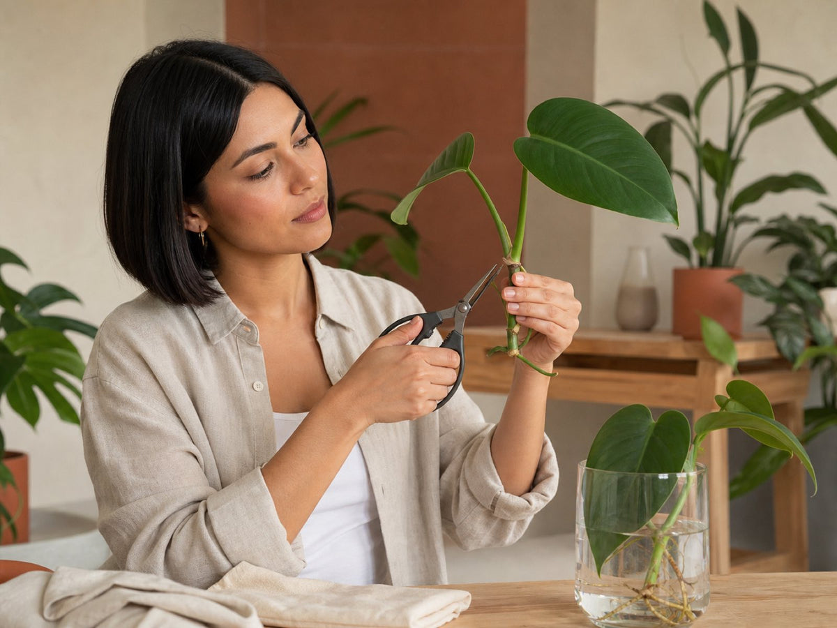 Young woman preparing a healthy Philodendron cutting at a visible node