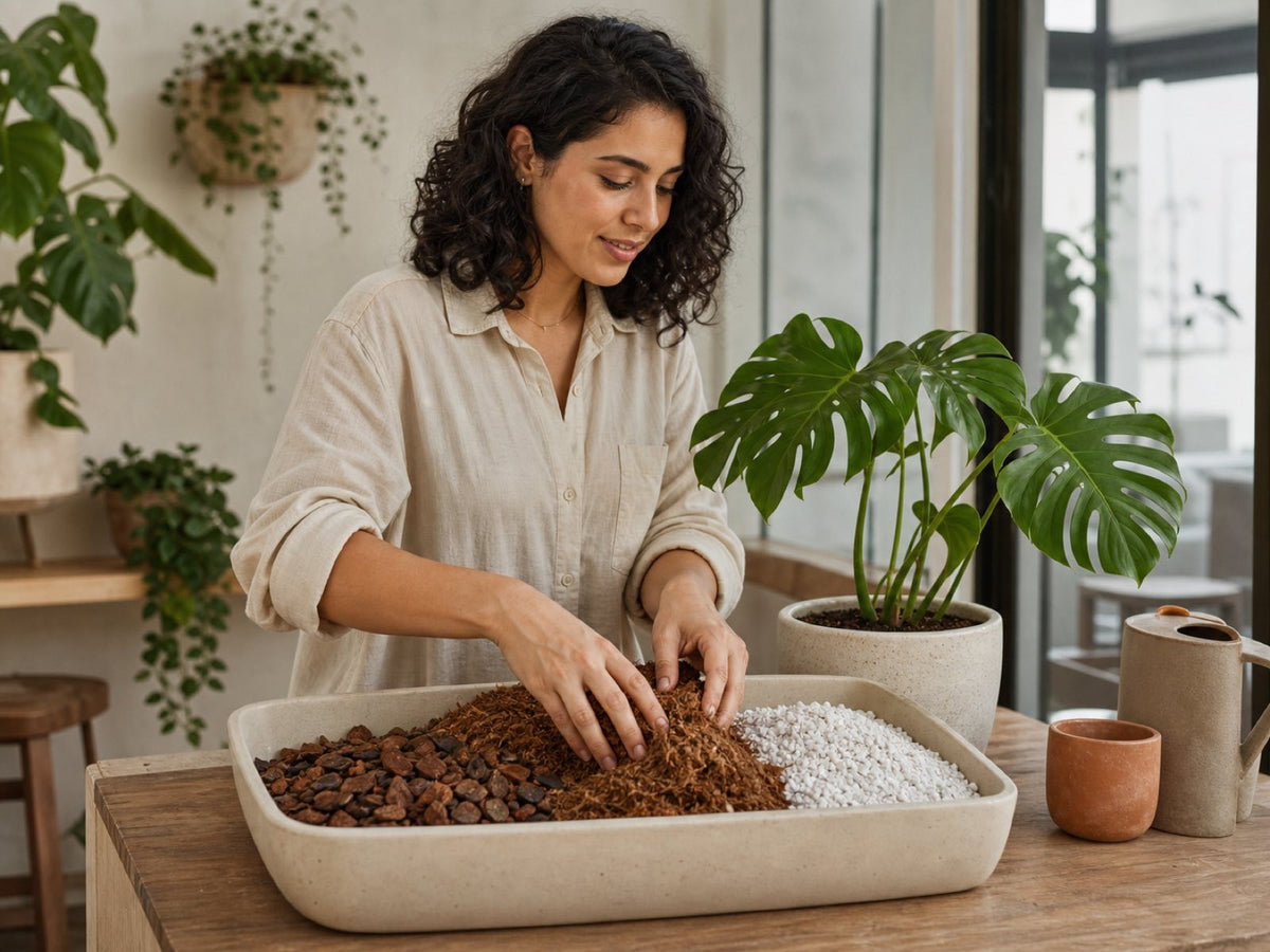 Young woman mixing bark, coco fibre and perlite for a Monstera