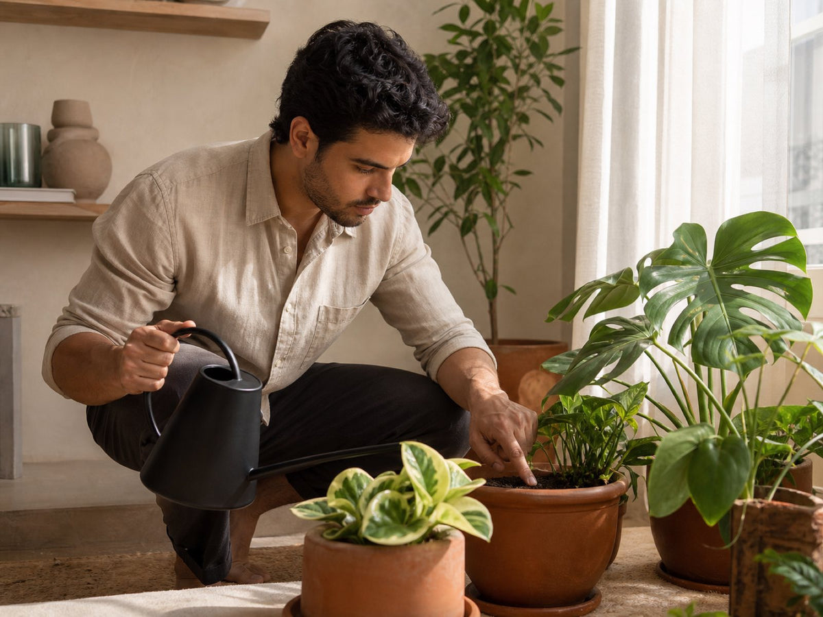 Young man checking soil moisture beside a long-spout watering can